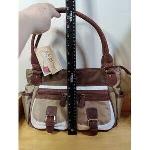 MultiSac Shoulder Bag Purse Nylon Brown Tan White iPad Friendly Pockets 13x8"